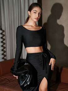 Anewsta Solid Crop Tee & Split Thigh Belted Skirt Set - Black - View 1