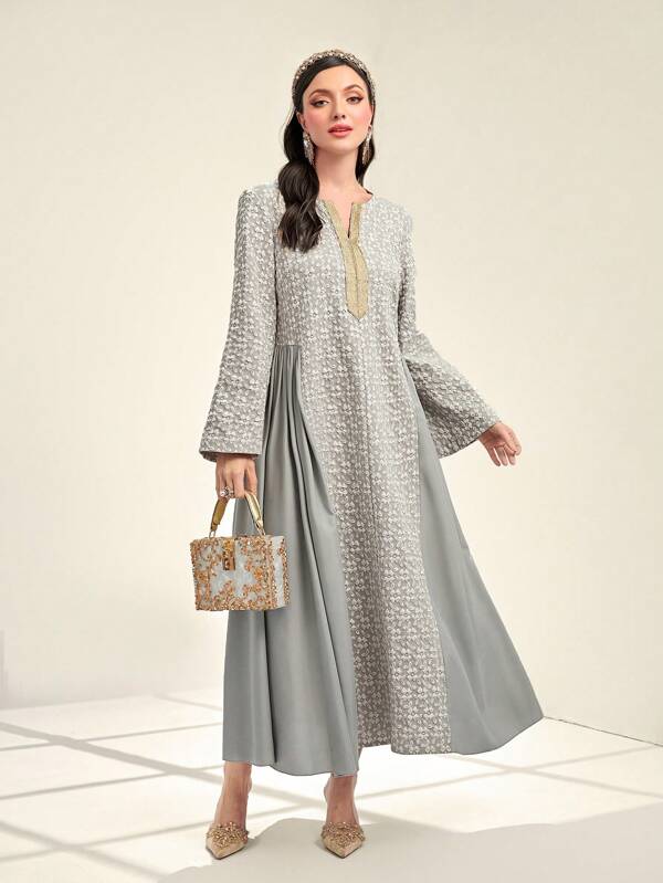 Al Najma Notch Neck Contrast Tape Detail Jacquard Modest Long Sleeve Dress