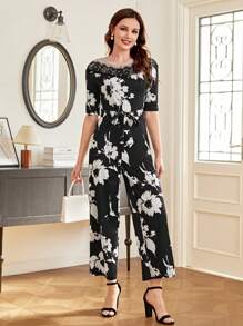 EMERY ROSE 印花蕾絲花邊腰帶連身褲 - 黑與白 - 查看 1