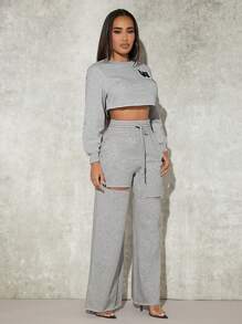 SHEIN SXY Drawstring Waist Ripped Wide Leg Sweatpants - Light Grey - View 3