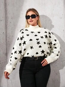 SHEIN Cottnline Plus Size Heart & Star Pattern Turtleneck Sweater Pull-Over - Apricot - View 1