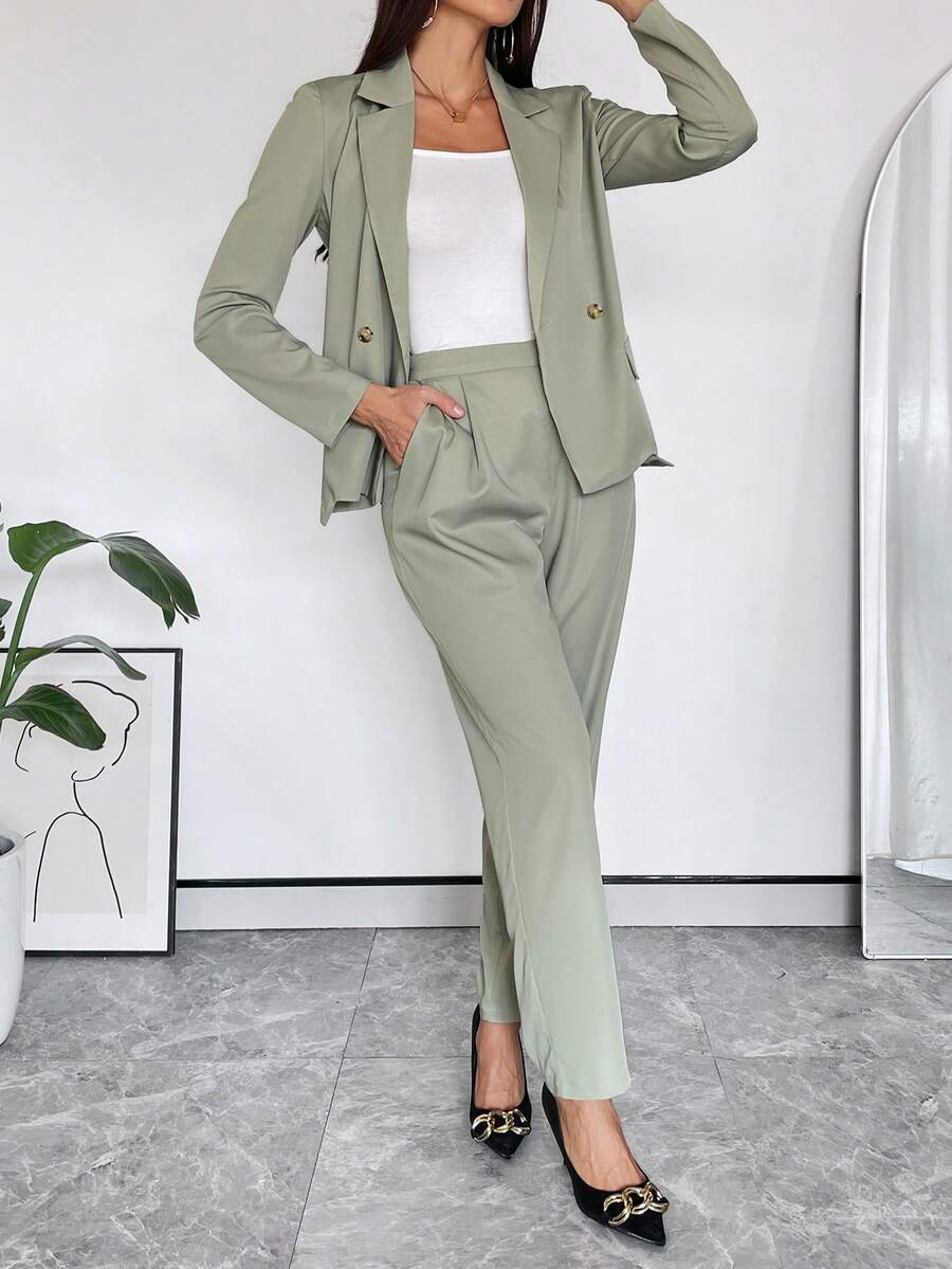 SHEIN Privé 素色雙排釦西裝外套&西裝褲 - 綠色 - 查看 1