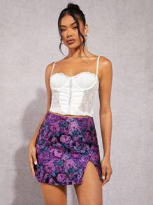 SHEIN BAE 花卉圖案提花下擺開叉包臀半身裙 - 彩色 - 查看 1