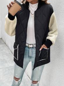 SHEIN LUNE 对比色泰迪袖棒球领绗缝棉服外套冬季 - 黑色 - 查看 6