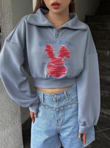 Dazy Designer Letter & Cartoon Graphic Drop Shoulder Crop Sweatshirt,Fall Clothes - Blue - View 7