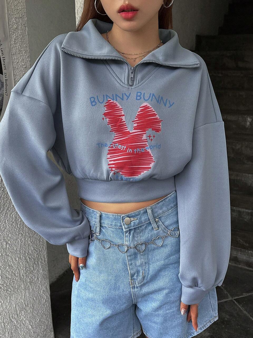 Letter & Cartoon Graphic Drop Shoulder Crop Sweatshirt,Fall Clothes