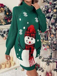 SHEIN LUNE Snowman Pattern Turtleneck Raglan Sleeve Sweater Dress - Green - View 5