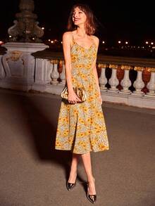 SHEIN Frenchy 花卉圖案&豹紋印花吊帶洋裝 - 黃色 - 查看 4