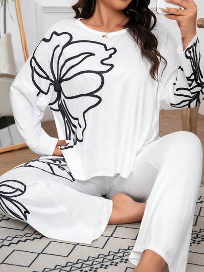 Conjunto de pijama con top de hombros caídos y pantalones con estampado floral, conjunto blanco, ropa de otoño e invierno, atuendo acogedor