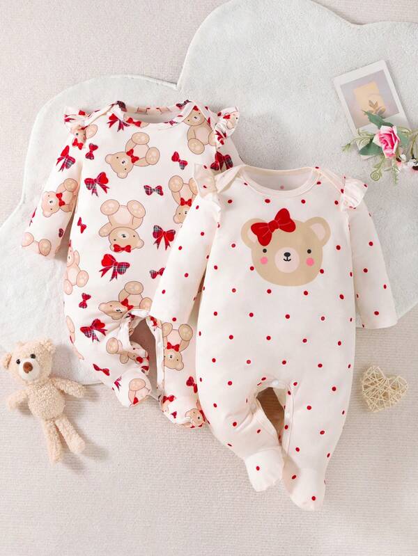 Baby Girl 2pcs Cartoon Graphic Ruffle Trim Sleep Jumpsuit, For Christmas