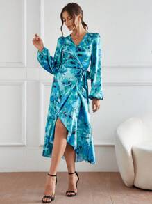 SHEIN Privé Allover Floral Print Lantern Sleeve Knot Side Wrap Dress - Multicolor - View 5
