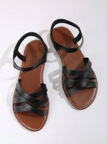 Sandales plates à brides croisées femme 2022, confortable couleur unie bout rond, polyvalentes et . Nouvelles sandales d'été décontractées, légères, avec lanières ouvertes