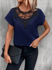 SHEIN LUNE 拼接水溶蕾絲蝙蝠袖襯衫 - 藏蓝色 - 查看 1