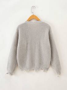 SHEIN Teen Girl Drop Shoulder Distressed Hem Sweater - White - View 2