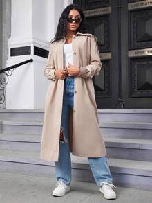 SHEIN Essnce Nút Thông qua Áo khoác Trench - Màu Khaki - Xem 3