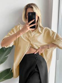 Cottnline 1pc Solid Drop Shoulder Button Front Shirt - Apricot - View 4