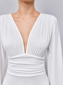 SHEIN BIZwear 深V領抽褶腰燈籠袖連身背心 - 白色 - 查看 8
