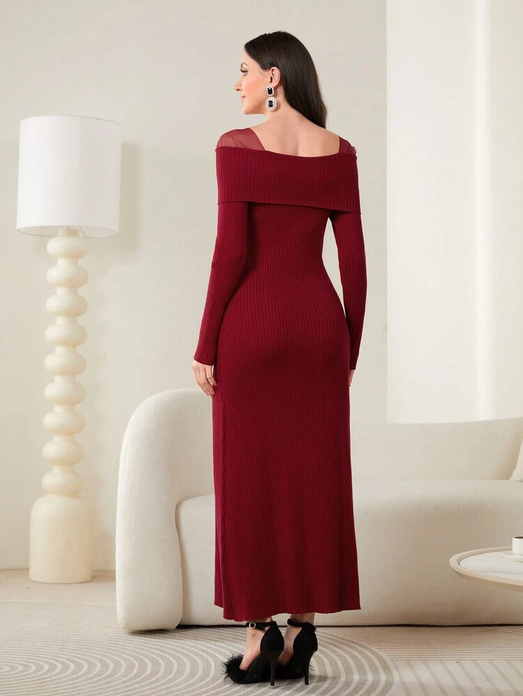 Women's Solid Color Mesh Panel Cross Front Sweater Dress