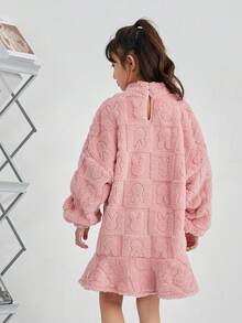 SHEIN Tween Girl Cartoon Pattern Drop Shoulder Teddy Dress - Dusty Pink - View 2