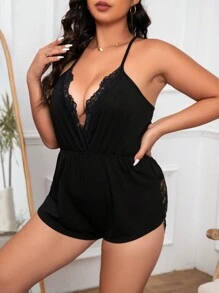 Pijama de encaje de contraste con cuello halter para tallas grandes