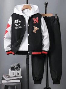 SHEIN Tween Boy Letter Graphic Colorblock Varsity Jacket & Pants Without Hoodie
