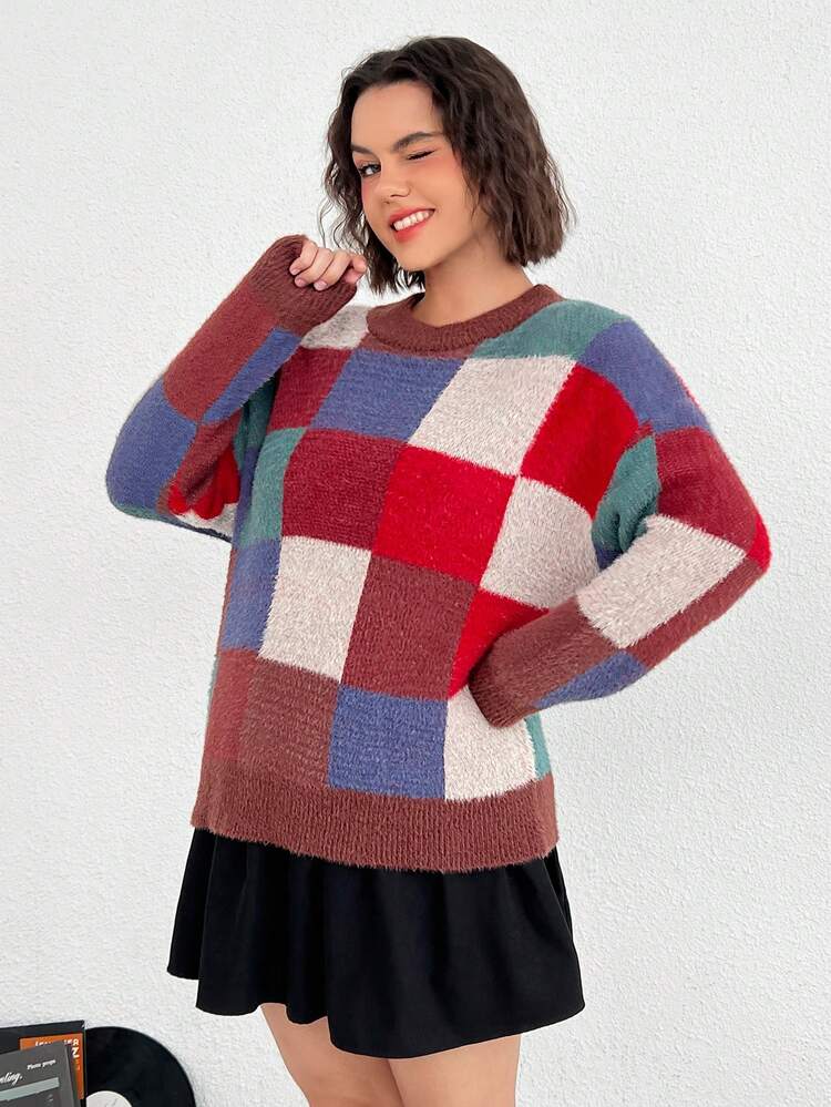 Plus Plaid Pattern Drop Shoulder Sweater