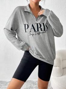 SHEIN Essnce 字母刺繡半拉鏈落肩袖運動衫 - 灰色 - 查看 3