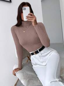 RueChic Turtleneck Ribbed Knit Sweater - Khaki - View 3