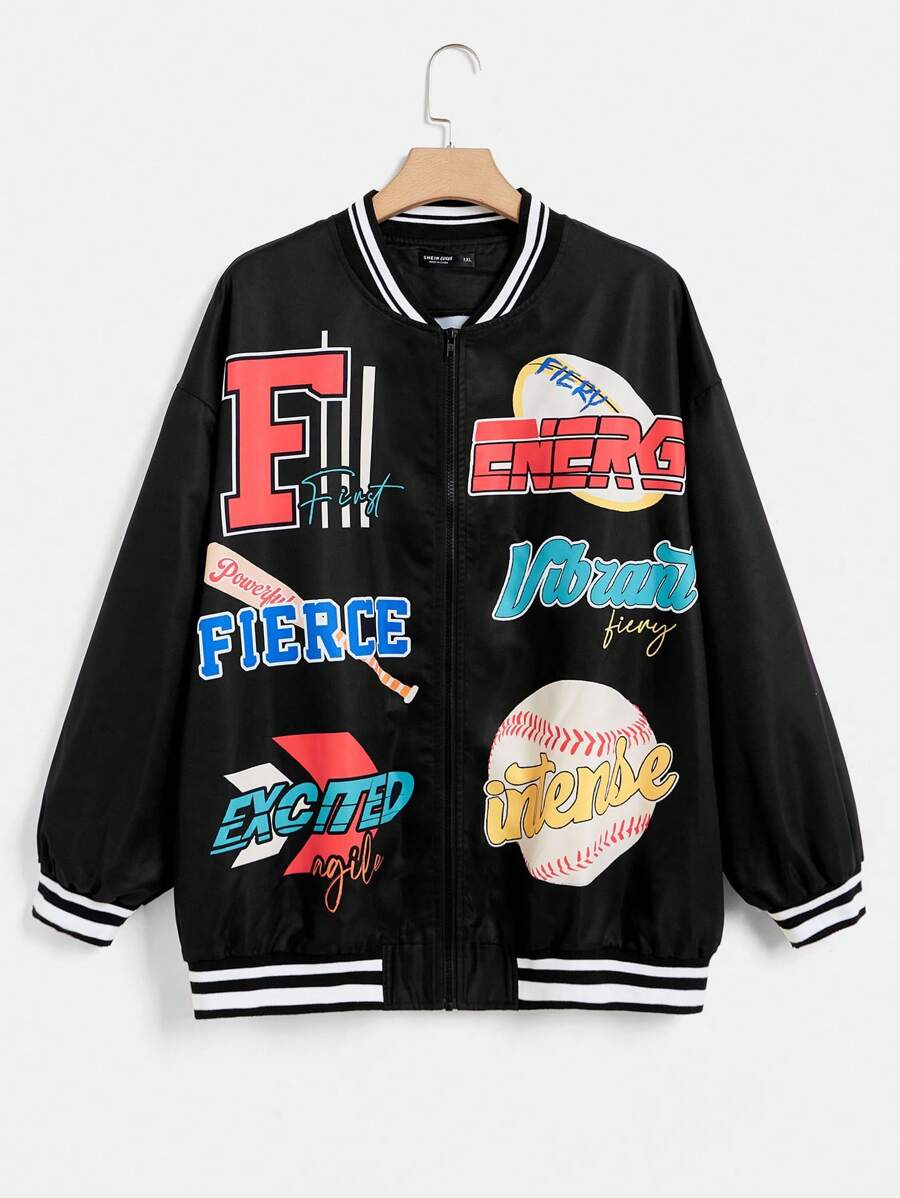 SHEIN EZwear Plus Letter Graphic Striped Trim Drop Shoulder Bomber Jacket - Black - View 1