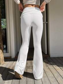 SHEIN EZwear 春季白色 Y2k 纯色褶皱喇叭裤 喇叭紧身裤 - 白色 - 查看 2