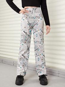 Teen Girl Floral & Slogan Graphic Straight Leg Pants