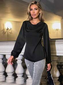 Allurite Rhinestone Chain Detail Backless Draped Collar Blouse - Black - View 5