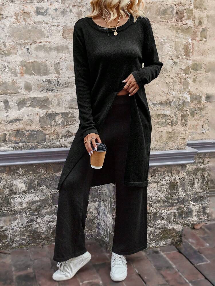 Split Hem Sweater & Knit Pants Fall Cloth For Women