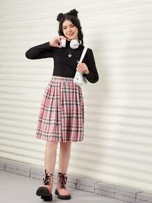 Teen Girls' Elegant Casual High Neck Crop Top & Plaid Mini Skirt Two Pieces Set - Multicolor - View 3