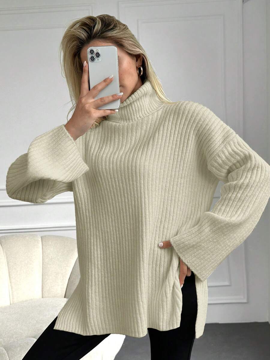 EURMUSE High Neck Drop Shoulder Split Hem Sweater - Beige - View 1
