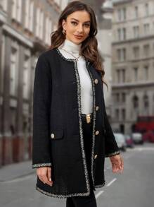 EMERY ROSE Viền tương phản Nút phía trước Tweed Áo khoác - màu đen - Xem 4