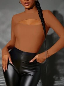 SHEIN SXY 小高領前鏤空修身T恤緊身連衣褲 - 棕色 - 查看 4