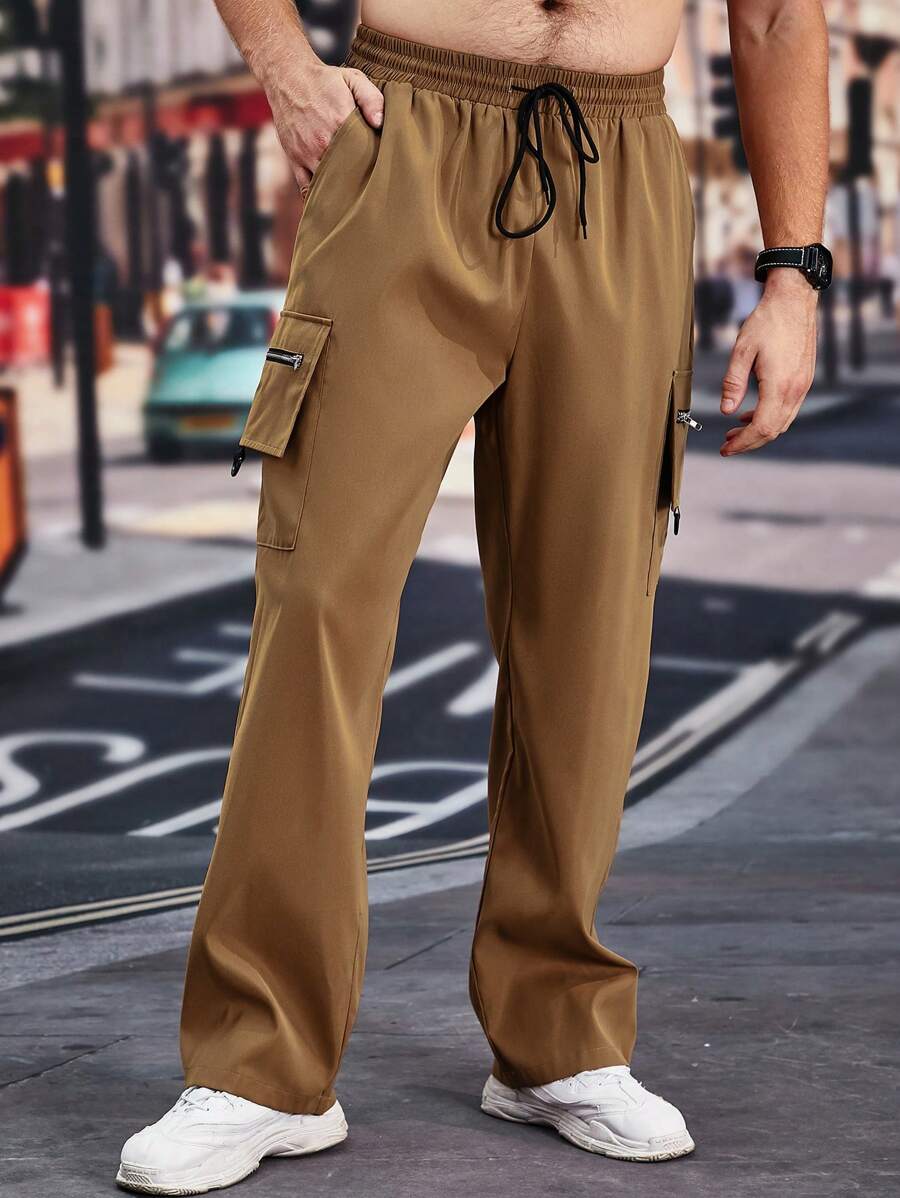 Manfinity Homme Men Plus Flap Pocket Side Drawstring Waist Cargo Pants - Brown - View 1