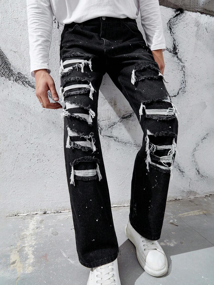 Manfinity Roghcode Homens Rasgado Jeans Reta - Cinza - Visão 1