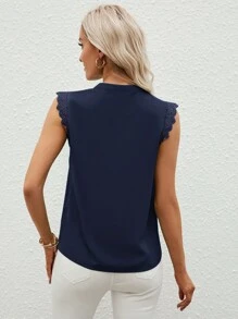 SHEIN Clasi Guipure Lace Panel Notched Neckline Blouse - Navy Blue - View 2