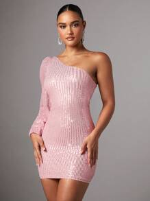 SHEIN BAE Christmas One Shoulder Lantern Sleeve Sequin Bodycon Dress