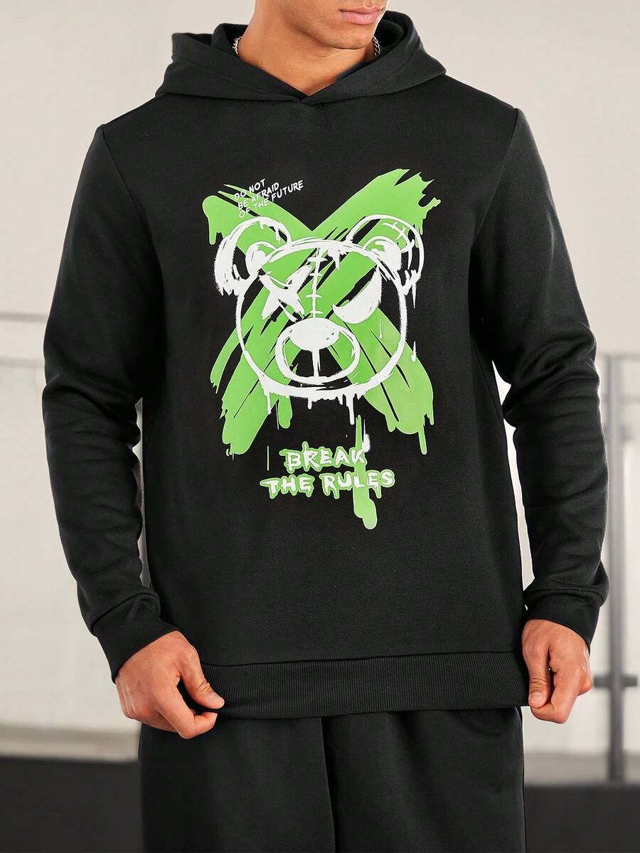 Manfinity RebelGame Men Bear & Slogan Graphic Hoodie - Black - View 1