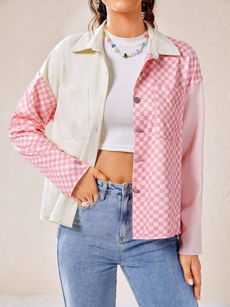 Plaid & Color Block Notched Collar Single Breasted Jacket
