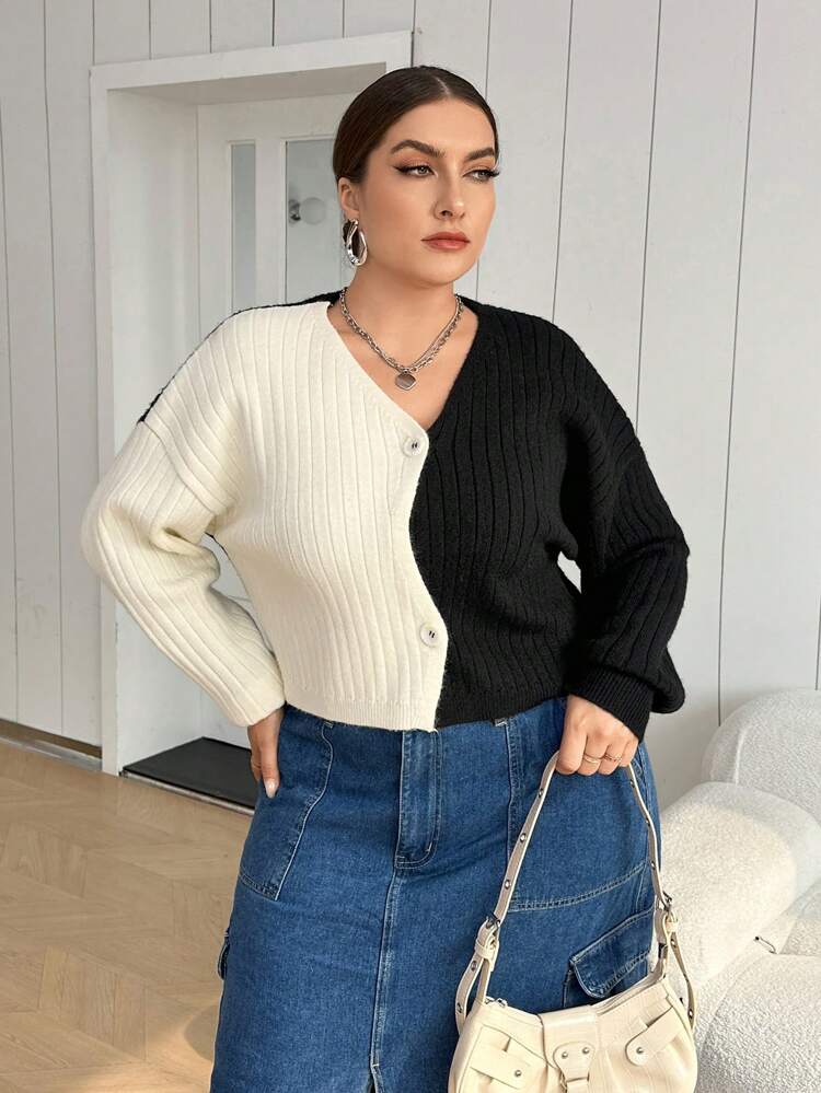Plus Two Tone Drop Shoulder Ribbed Knit Cardigan