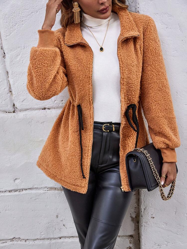 Drawstring Waist Zip Up Teddy Coat