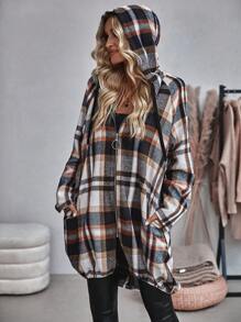 SHEIN LUNE Abrigo con capucha con estampado de cuadros con cremallera con cordón - Multicolor - Ver 1