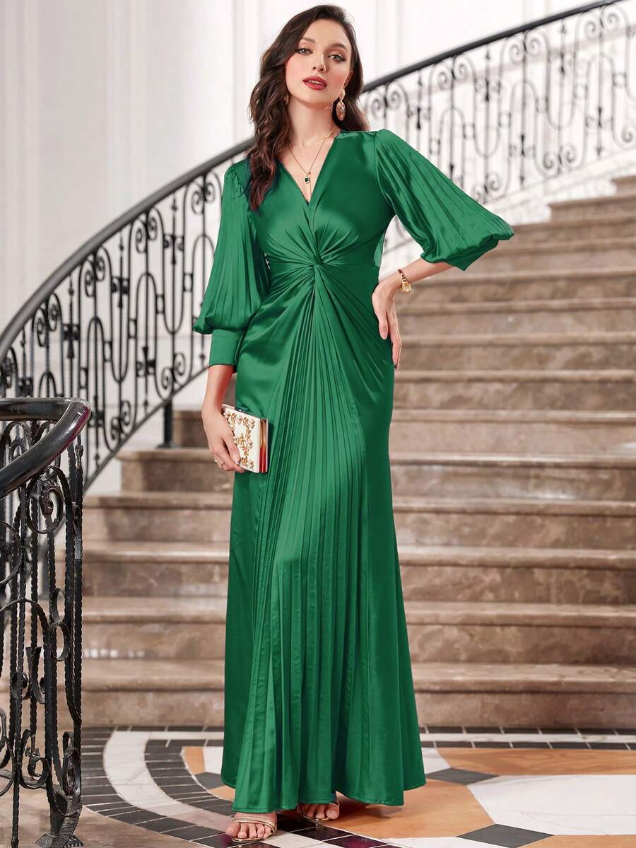 Mặt trước xoắn Tay áo lồng đèn Viền xếp Đầm - màu xanh lá - Xem 1