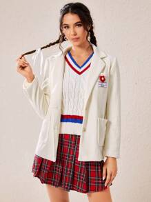 SHEIN EZwear Letter Patched Detail Pocket Front Corduroy Blazer