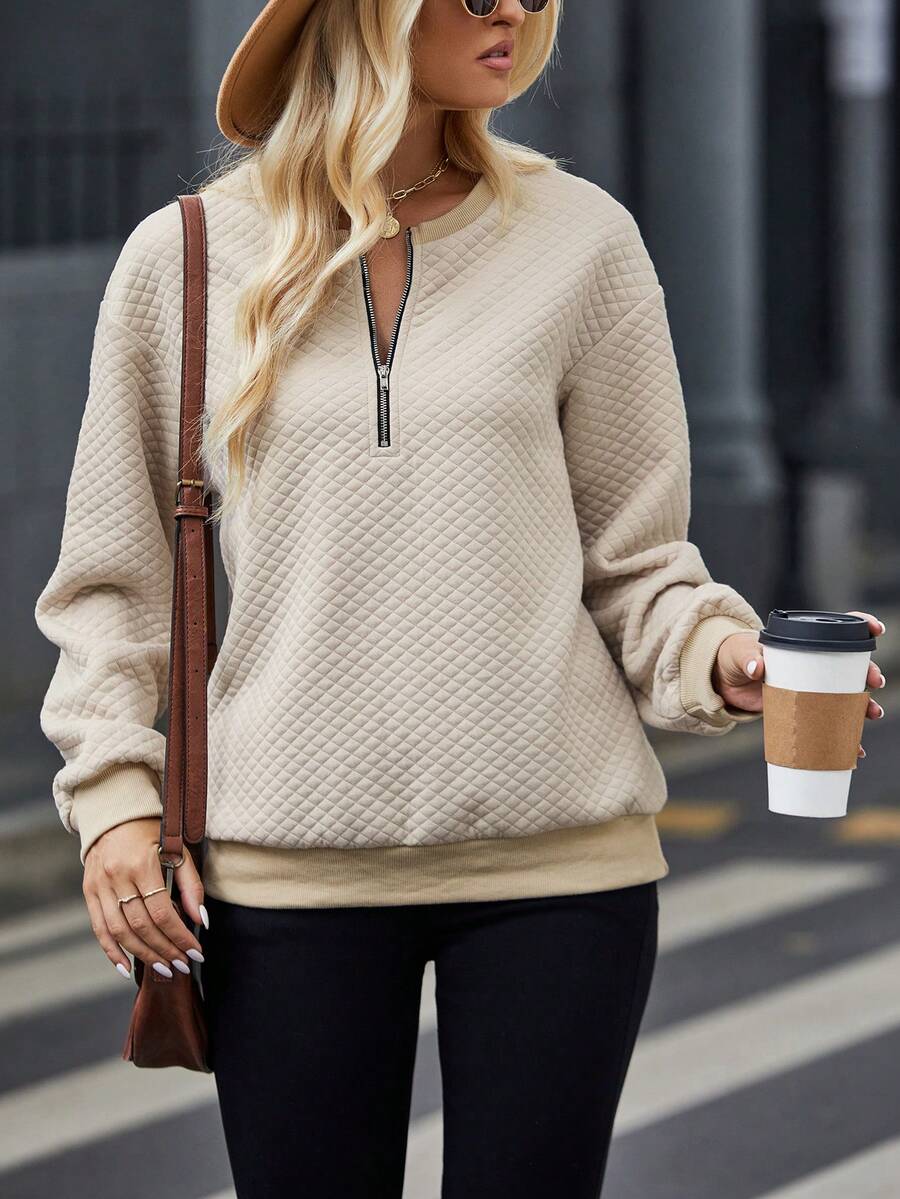 SHEIN LUNE 半拉鏈落肩袖運動衫 - 杏色 - 查看 1