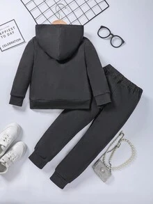 SHEIN Young Girl Rhinestone Letter Pattern Hoodie & Sweatpants - Black - View 2